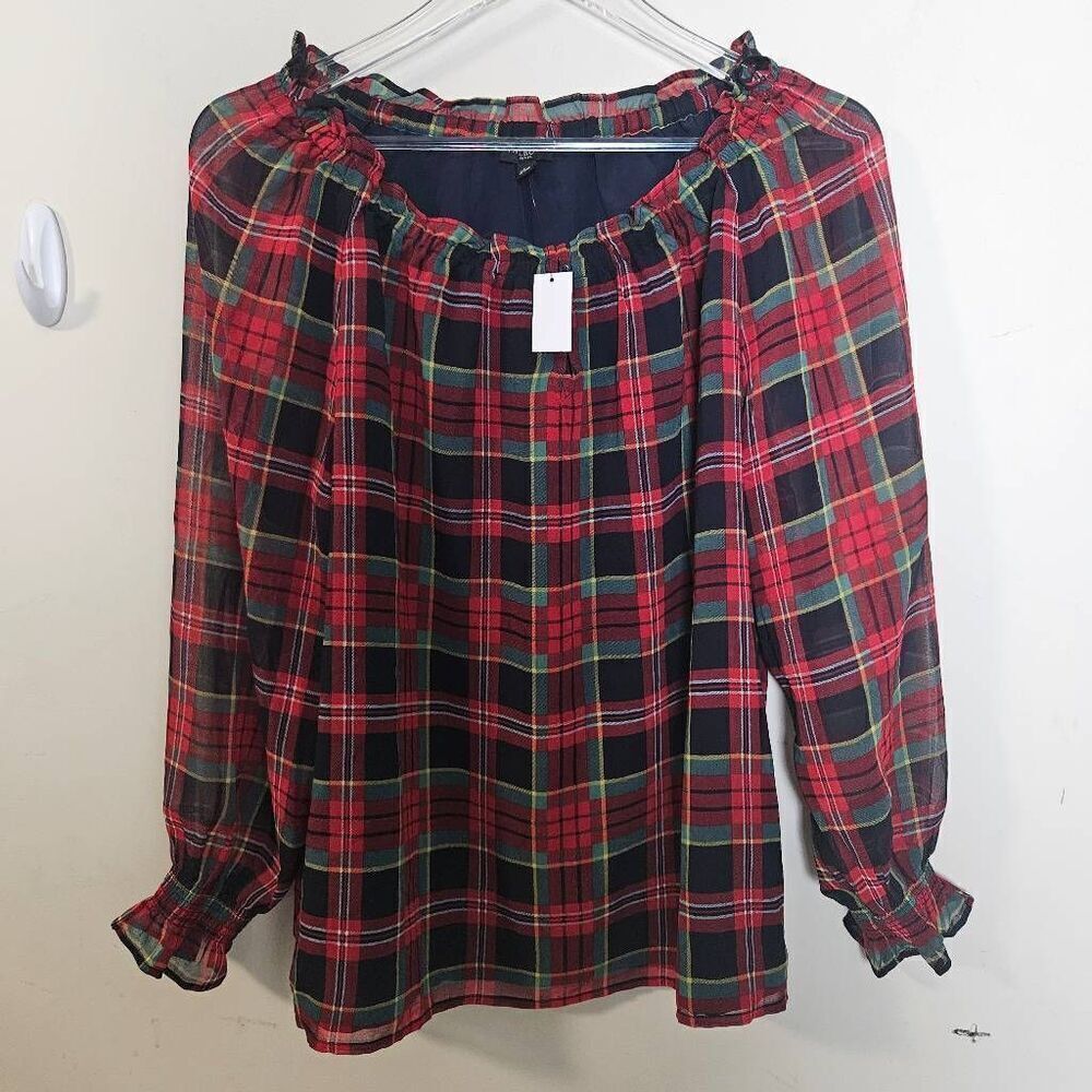 Talbots Pretty Red Green Black Plaid Lined Fun Sleeves Peasant Blouse Large Peti